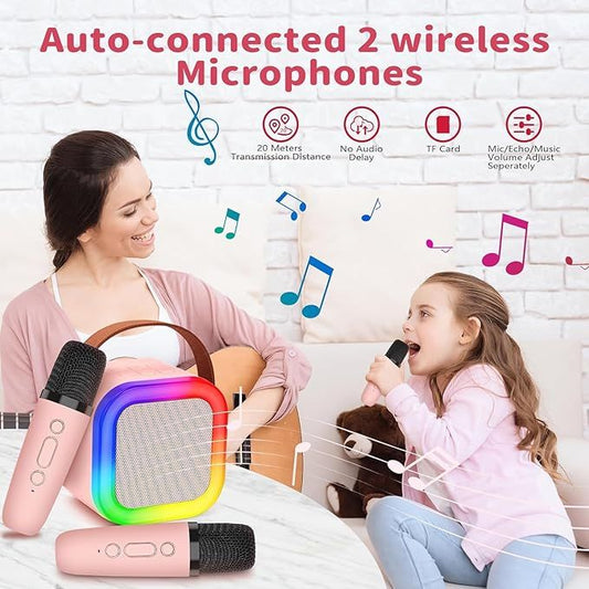 Party-Ready Karaoke Machine – Wireless Mics, Colorful Lights & Voice Effects!